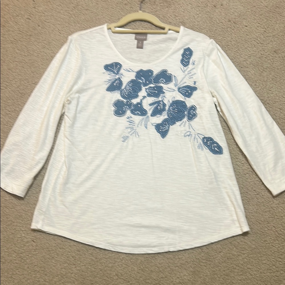 Chico's White and Blue 3/4 Sleeve Blouse